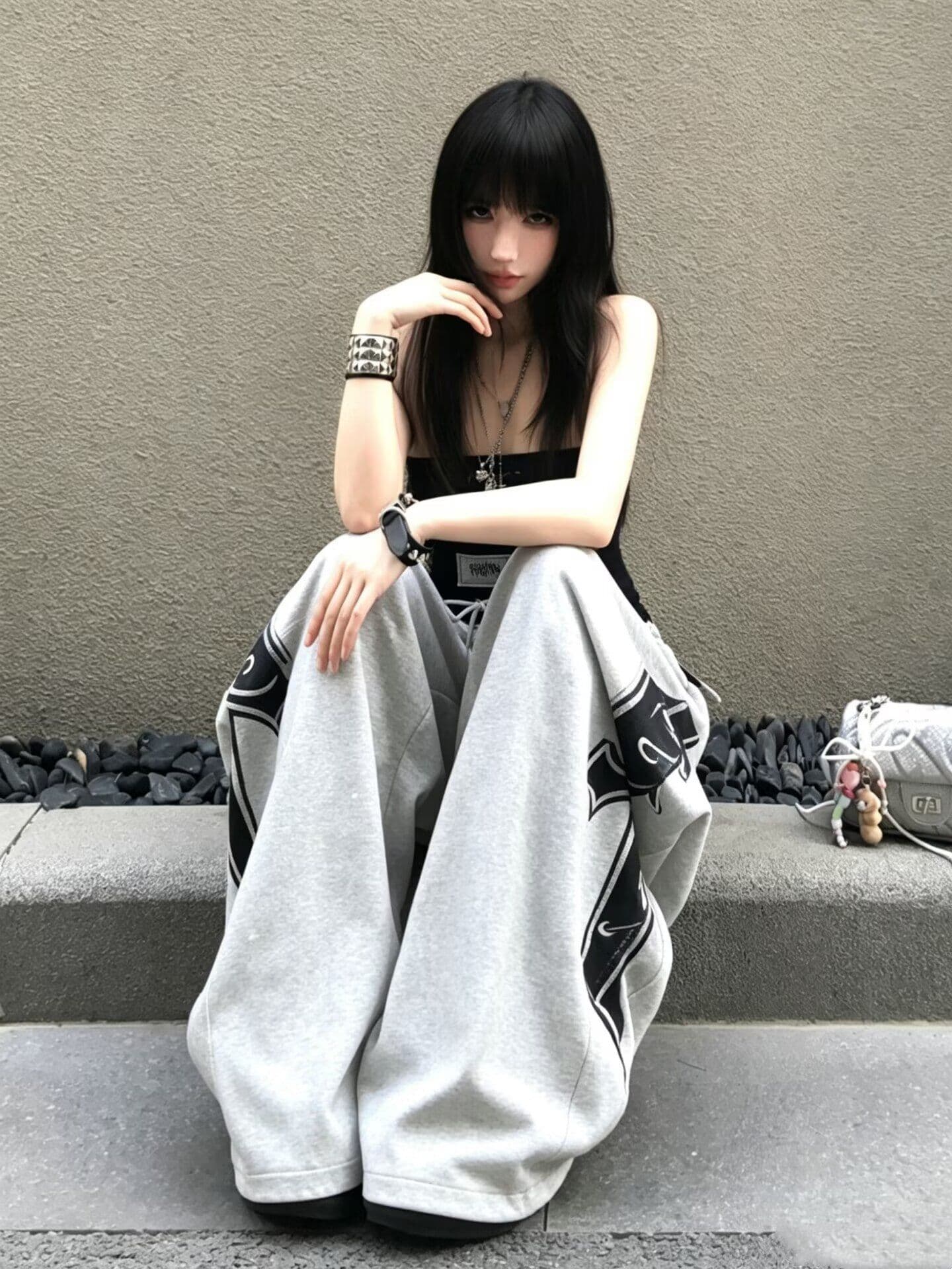 높은 품질 순수한 Mianhua 면 배색 패치워크 십자가 자수 패치워크 운동 웨이 바지 여성 거리 디자인 센스 와이드 레그 팬츠 상세 이미지 4