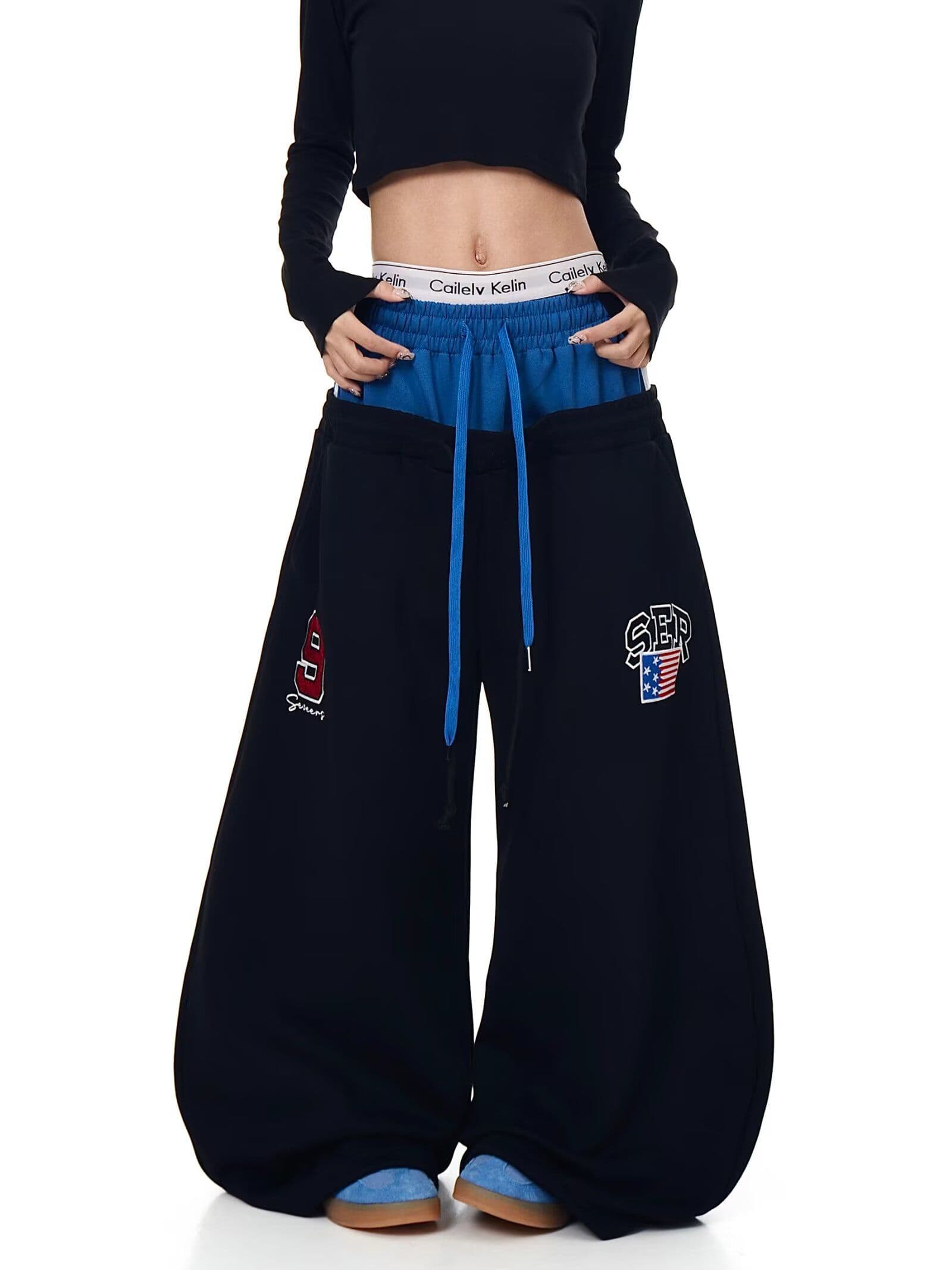 순수한 Mianhua 면 자수 모통이 칼 웨이 바지 아메리칸 레트로 더블 허리 머리 남녀 봄 새로운 루즈핏 캐주얼 길다 웨이 바지 상세 이미지 32