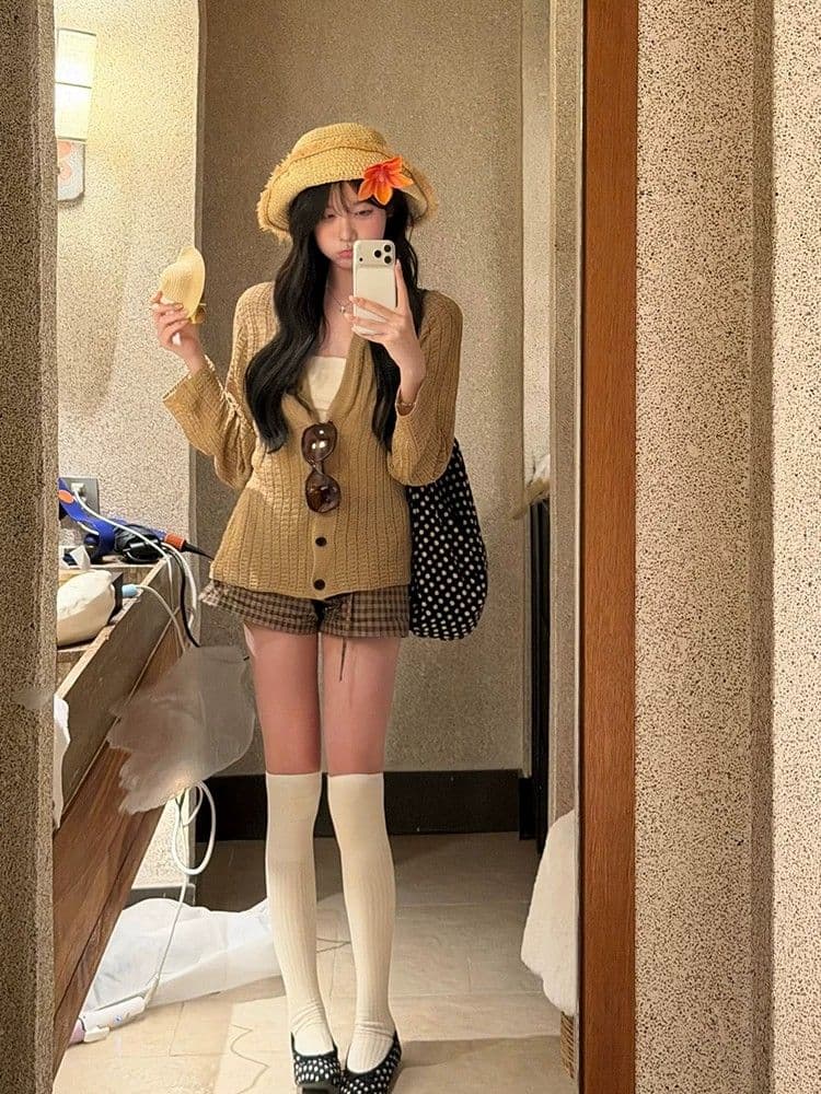 3 차원 허리 머리 자수 체크무늬 패치워크 색상 스트레이트 펌프 로프 3 점 반바지 여성 핫걸 캐주얼 슬림해 보이는 다용도 반바지 이미지 3