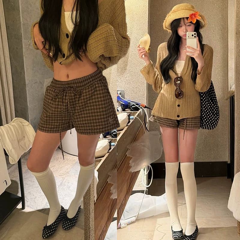3 차원 허리 머리 자수 체크무늬 패치워크 색상 스트레이트 펌프 로프 3 점 반바지 여성 핫걸 캐주얼 슬림해 보이는 다용도 반바지