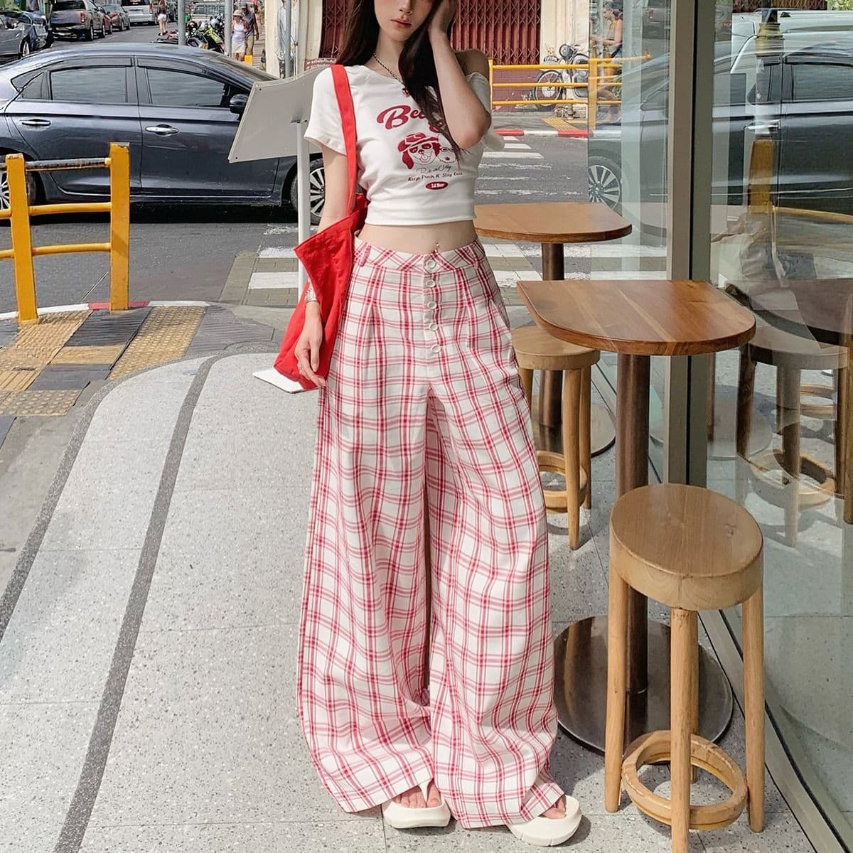 순면 체크무늬 레트로 원본 품질 원단 도파민 느긋한 추세 체크무늬 캐주얼 인터넷 유명인 넓은 다리 길이 바지 여성 이미지 2