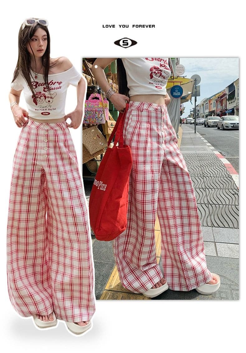 순면 체크무늬 레트로 원본 품질 원단 도파민 느긋한 추세 체크무늬 캐주얼 인터넷 유명인 넓은 다리 길이 바지 여성 상세 이미지 2