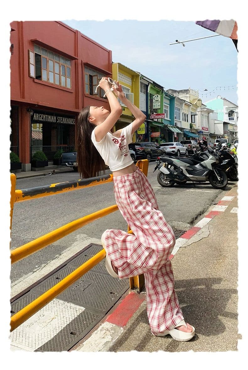 순면 체크무늬 레트로 원본 품질 원단 도파민 느긋한 추세 체크무늬 캐주얼 인터넷 유명인 넓은 다리 길이 바지 여성 상세 이미지 4