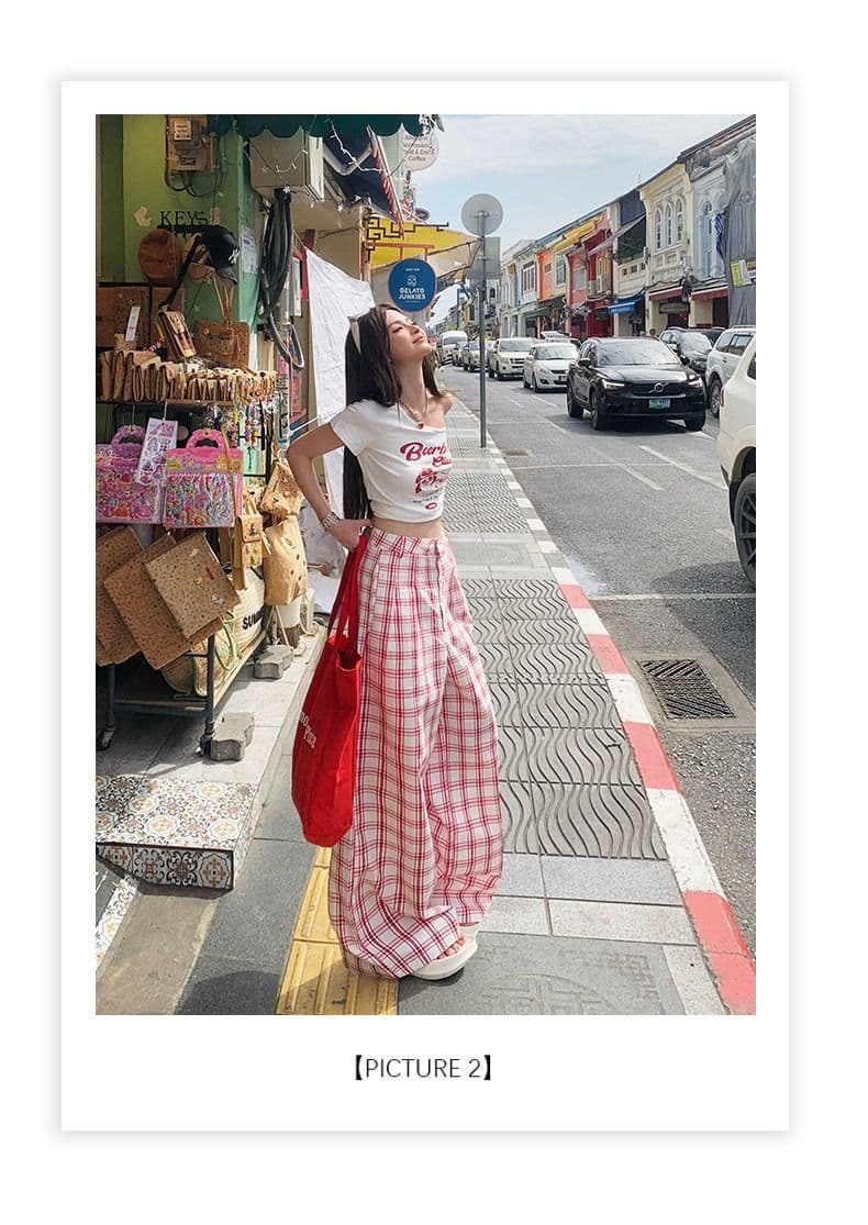 순면 체크무늬 레트로 원본 품질 원단 도파민 느긋한 추세 체크무늬 캐주얼 인터넷 유명인 넓은 다리 길이 바지 여성 상세 이미지 7