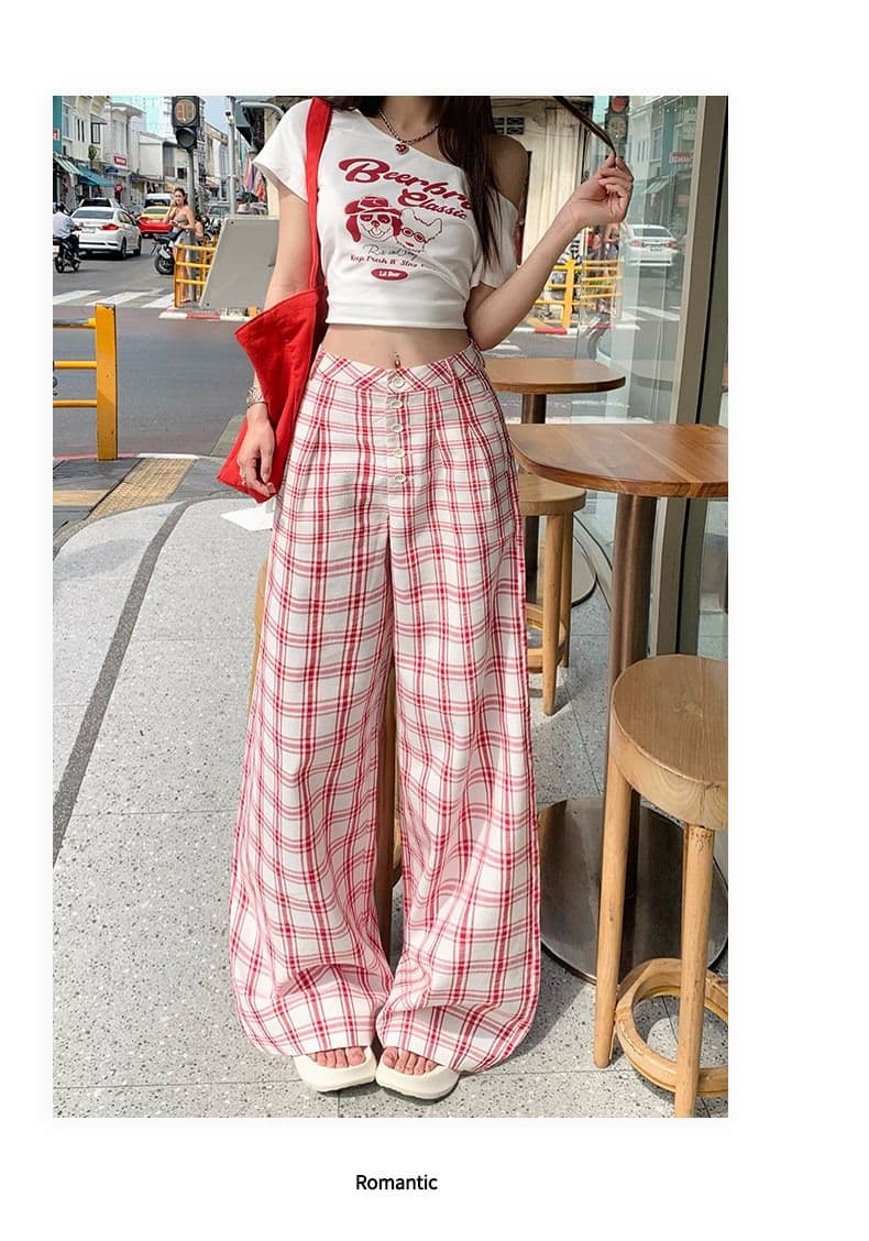 순면 체크무늬 레트로 원본 품질 원단 도파민 느긋한 추세 체크무늬 캐주얼 인터넷 유명인 넓은 다리 길이 바지 여성 상세 이미지 10