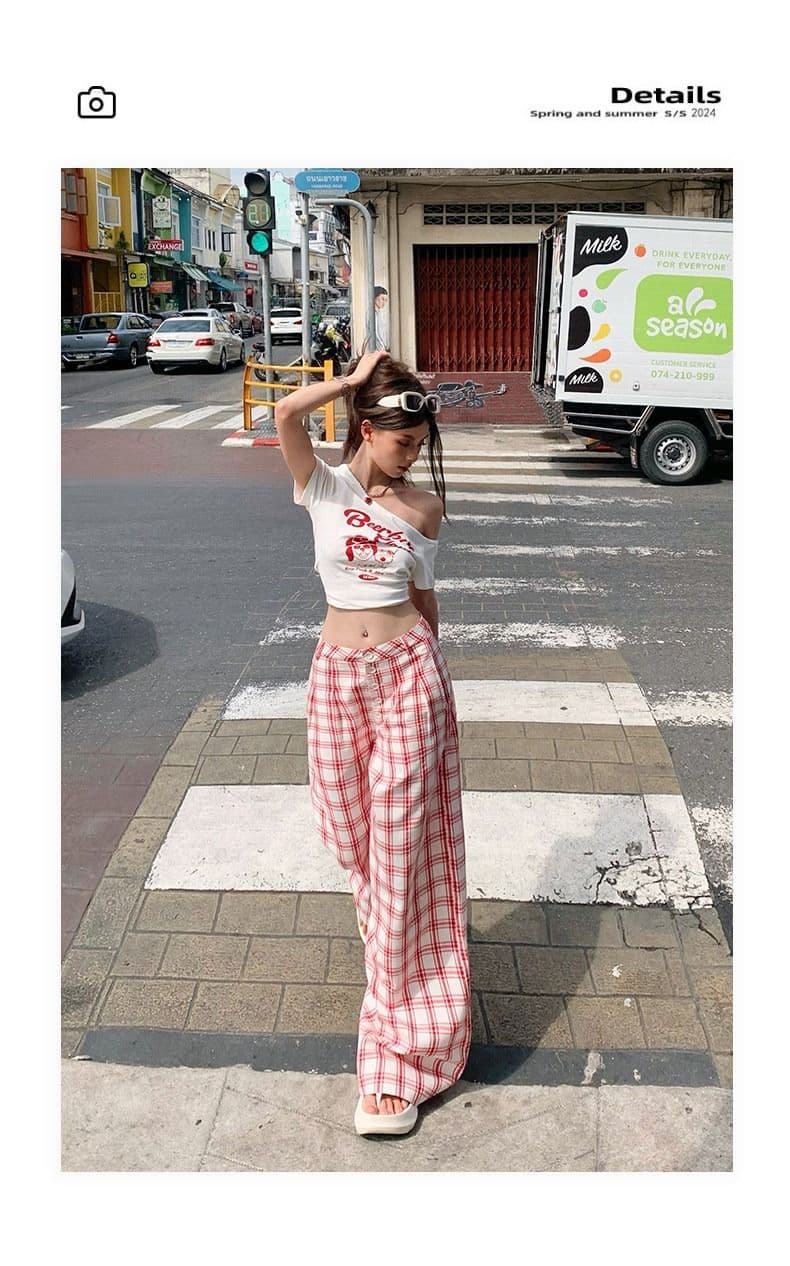 순면 체크무늬 레트로 원본 품질 원단 도파민 느긋한 추세 체크무늬 캐주얼 인터넷 유명인 넓은 다리 길이 바지 여성 상세 이미지 12