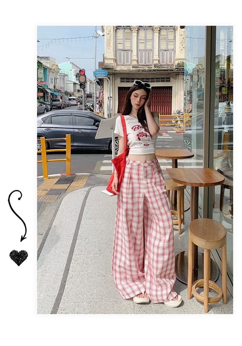 순면 체크무늬 레트로 원본 품질 원단 도파민 느긋한 추세 체크무늬 캐주얼 인터넷 유명인 넓은 다리 길이 바지 여성 상세 이미지 14