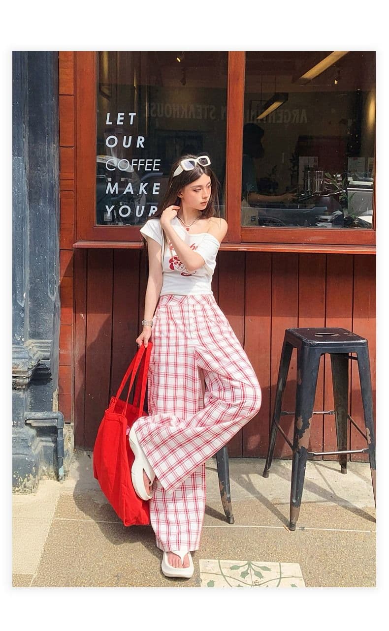 순면 체크무늬 레트로 원본 품질 원단 도파민 느긋한 추세 체크무늬 캐주얼 인터넷 유명인 넓은 다리 길이 바지 여성 상세 이미지 16