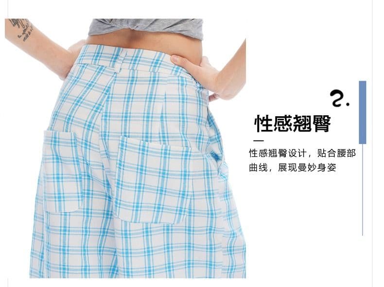 순면 체크무늬 레트로 원본 품질 원단 도파민 느긋한 추세 체크무늬 캐주얼 인터넷 유명인 넓은 다리 길이 바지 여성 상세 이미지 6