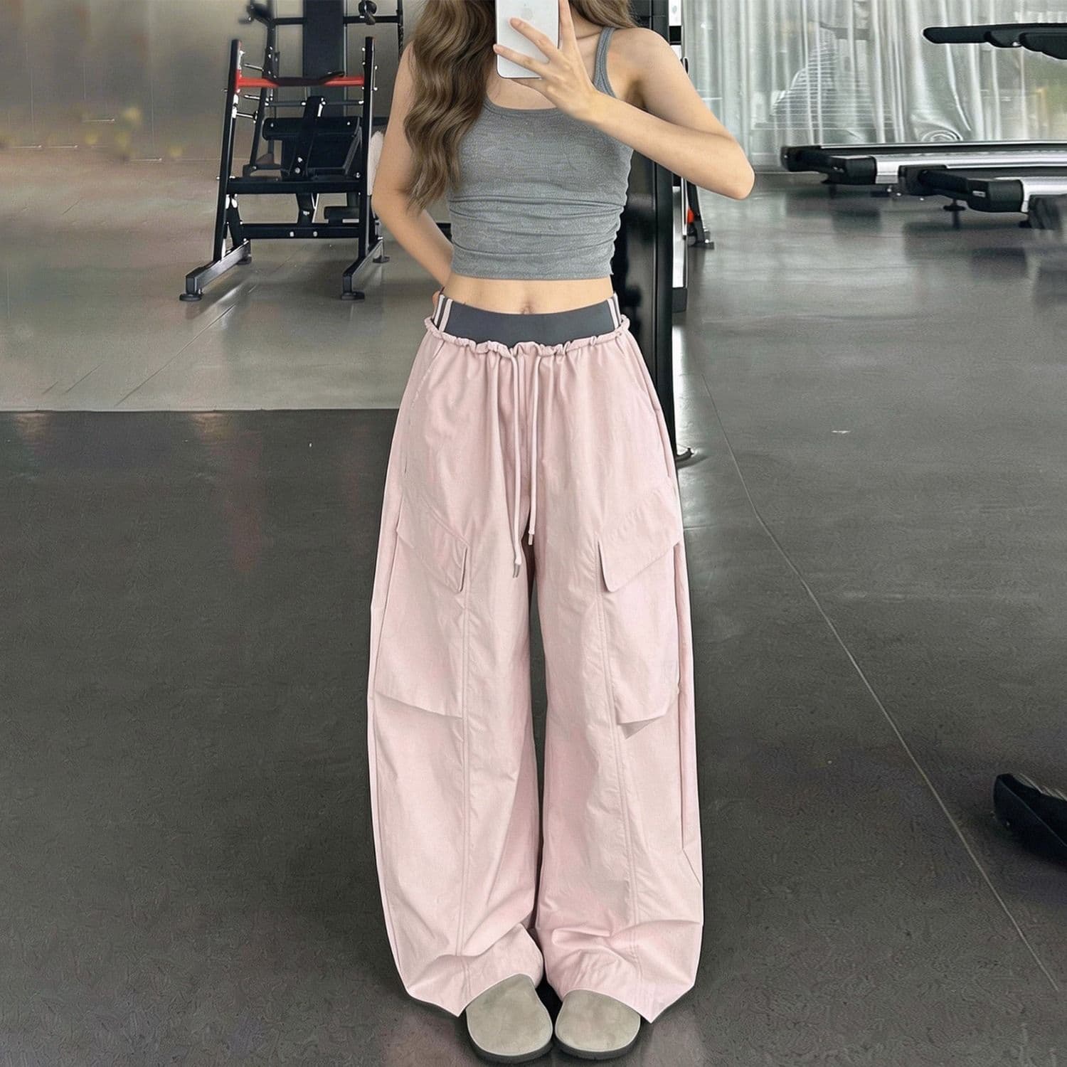 높은 품질 얕은 분말 원본 패치워크 허리 워크웨어 팬츠 여성 새로운 여름 하이웨이스트 슬림해 보이는 작은 키 운동 도루 센스 넓은 다리 이미지 3