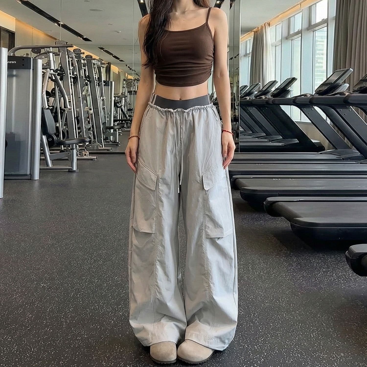 높은 품질 얕은 분말 원본 패치워크 허리 워크웨어 팬츠 여성 새로운 여름 하이웨이스트 슬림해 보이는 작은 키 운동 도루 센스 넓은 다리 이미지 4