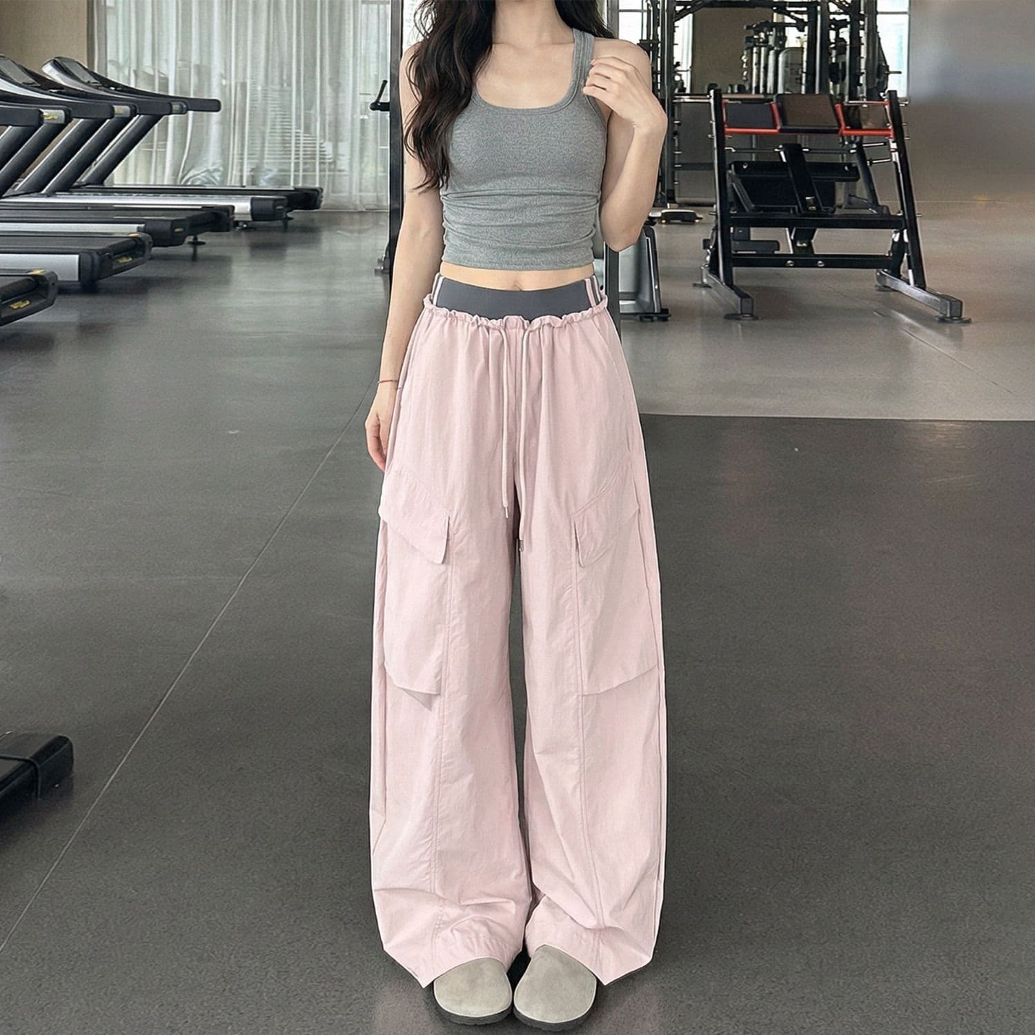 높은 품질 얕은 분말 원본 패치워크 허리 워크웨어 팬츠 여성 새로운 여름 하이웨이스트 슬림해 보이는 작은 키 운동 도루 센스 넓은 다리 이미지 5