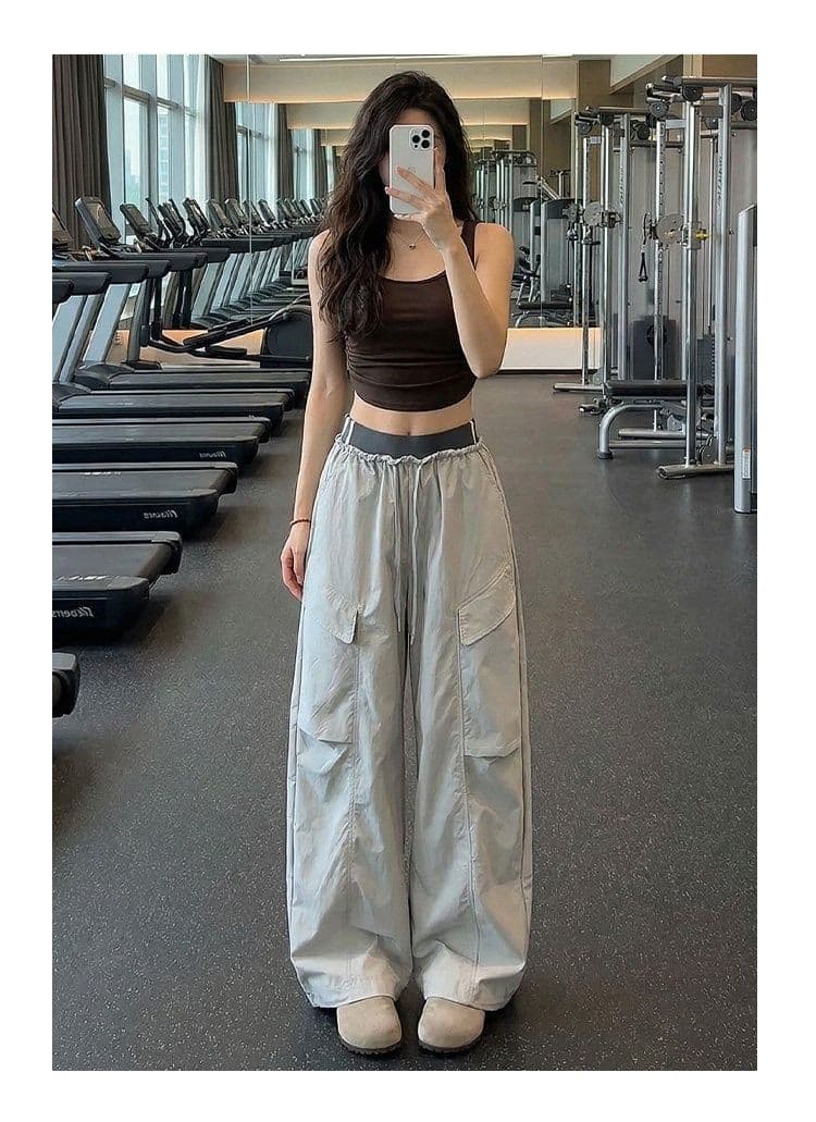 높은 품질 얕은 분말 원본 패치워크 허리 워크웨어 팬츠 여성 새로운 여름 하이웨이스트 슬림해 보이는 작은 키 운동 도루 센스 넓은 다리 상세 이미지 5