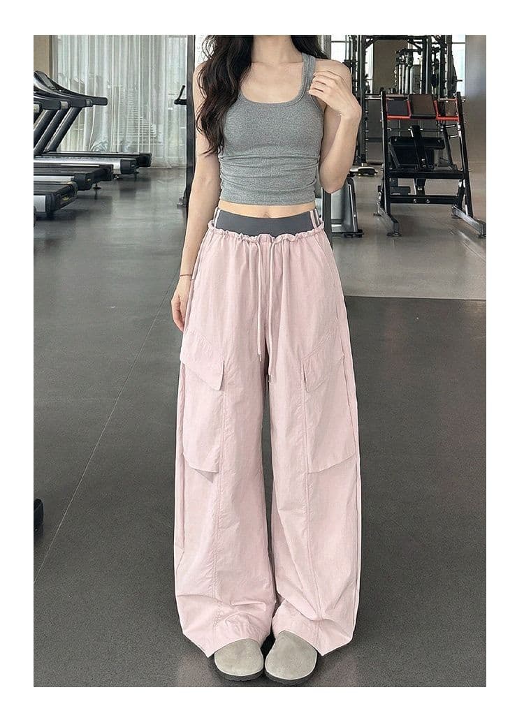 높은 품질 얕은 분말 원본 패치워크 허리 워크웨어 팬츠 여성 새로운 여름 하이웨이스트 슬림해 보이는 작은 키 운동 도루 센스 넓은 다리 상세 이미지 9