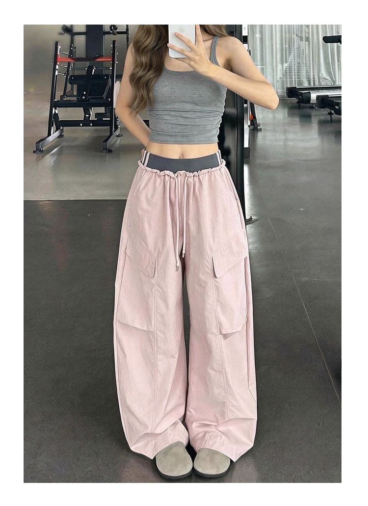 높은 품질 얕은 분말 원본 패치워크 허리 워크웨어 팬츠 여성 새로운 여름 하이웨이스트 슬림해 보이는 작은 키 운동 도루 센스 넓은 다리 상세 이미지 10