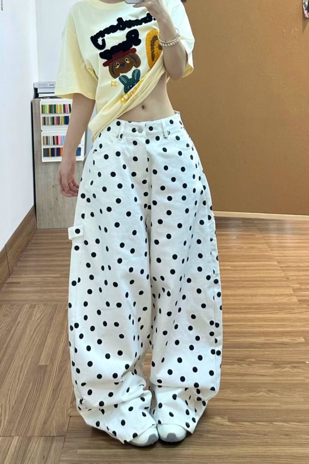 트렌드 새로운 바지 조수 브랜드 도트 무늬 전체 인쇄 도루 센스 캐주얼 와이드 레그 팬츠 레트로 다용도 슬림해 보이는 주름 긴 바지 이미지 6