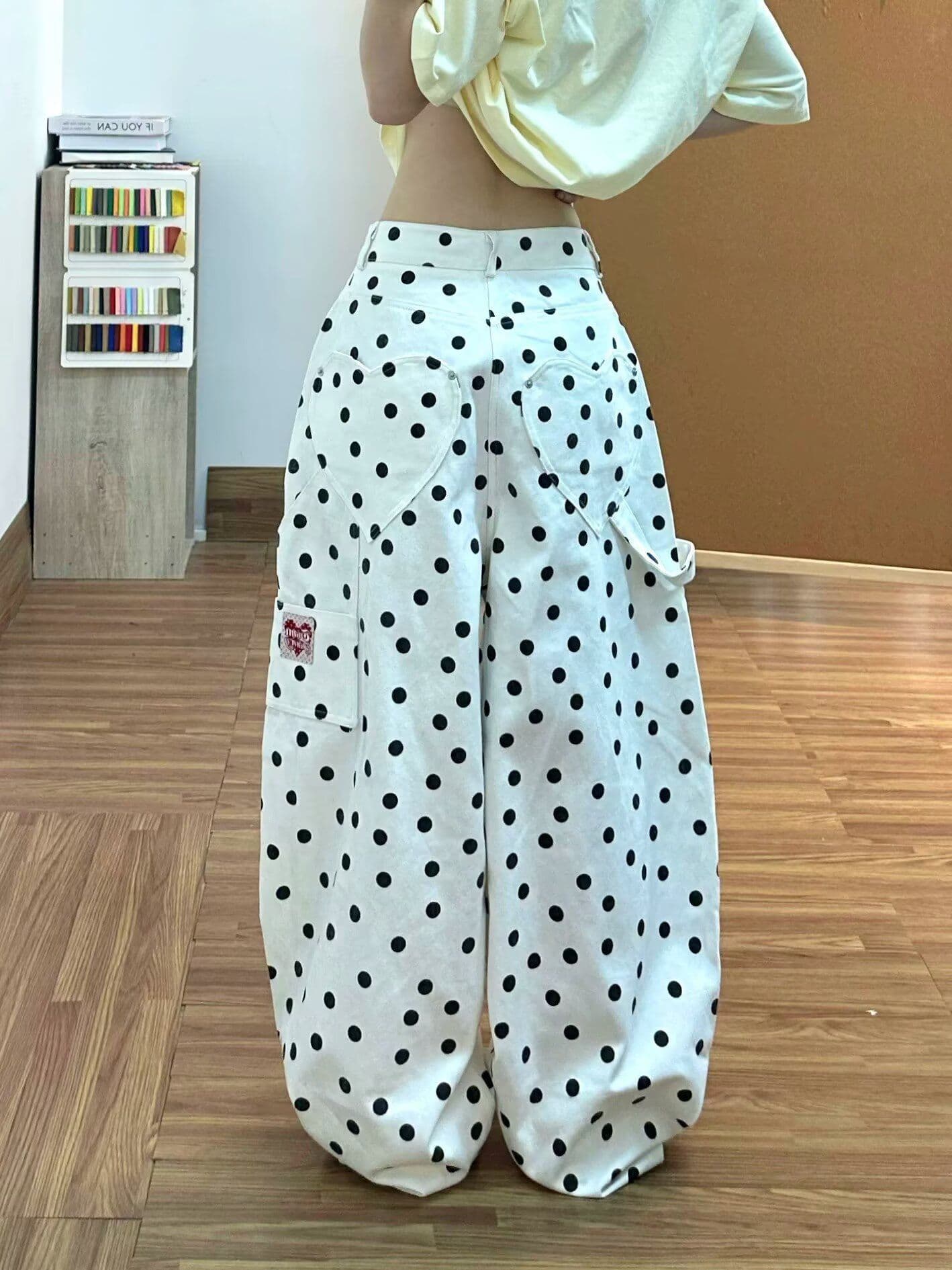 트렌드 새로운 바지 조수 브랜드 도트 무늬 전체 인쇄 도루 센스 캐주얼 와이드 레그 팬츠 레트로 다용도 슬림해 보이는 주름 긴 바지 상세 이미지 5