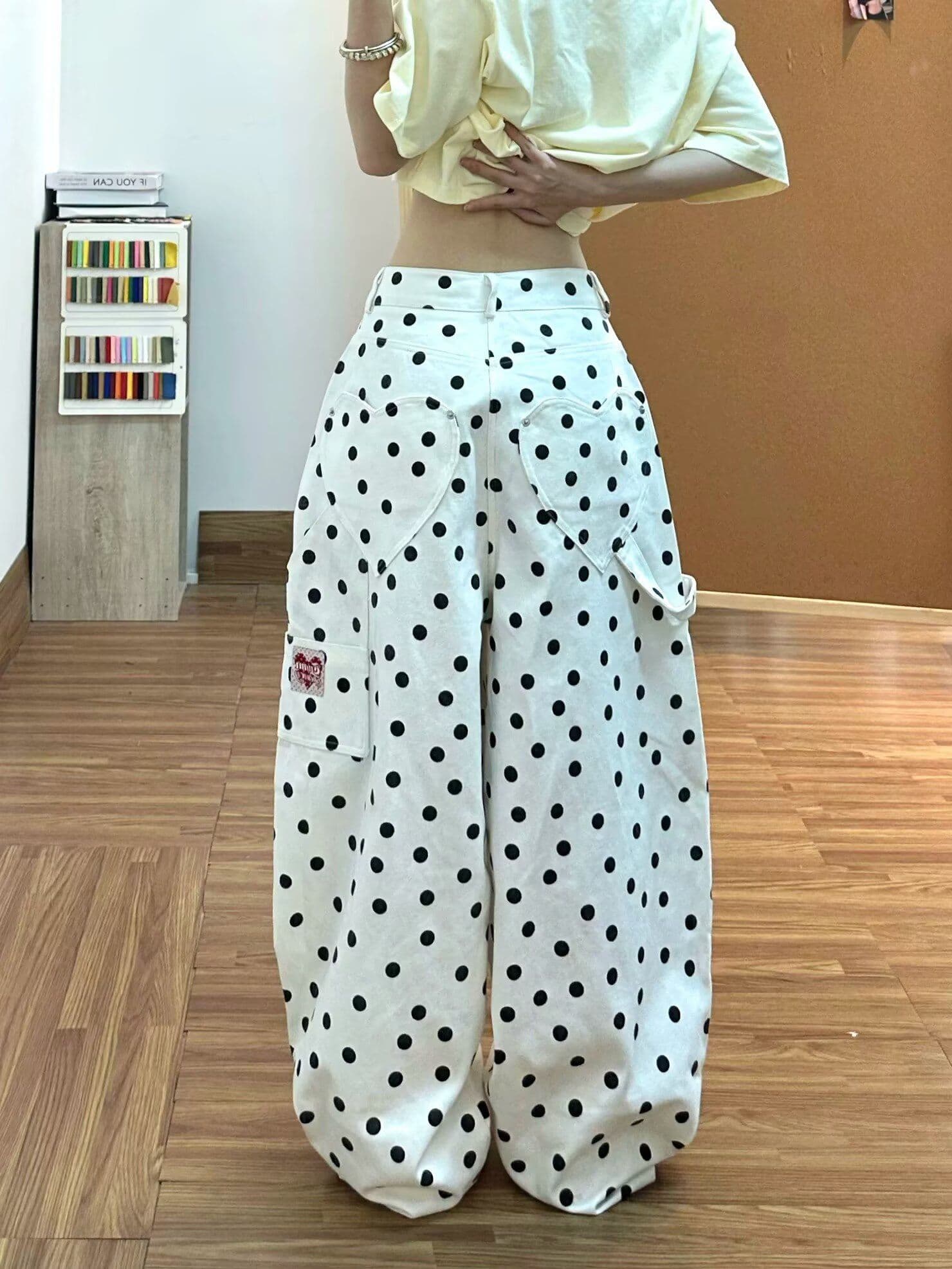 트렌드 새로운 바지 조수 브랜드 도트 무늬 전체 인쇄 도루 센스 캐주얼 와이드 레그 팬츠 레트로 다용도 슬림해 보이는 주름 긴 바지 상세 이미지 6