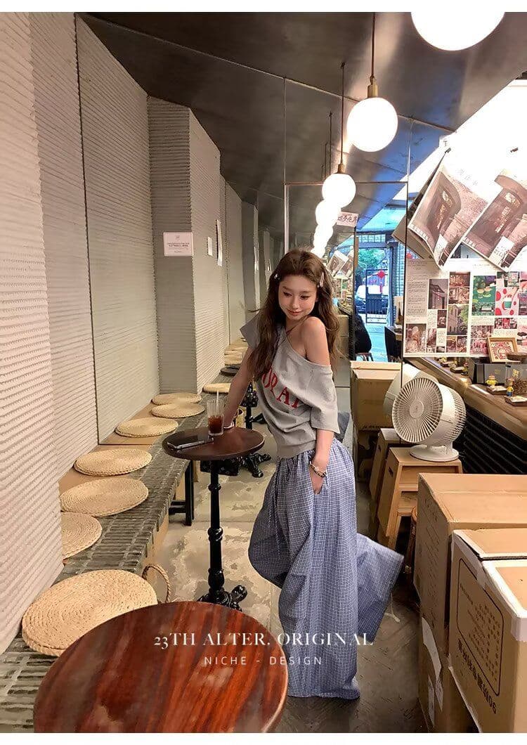 높은 품질 아메리칸 레트로 모통이 칼 A형 넓은 다리 작은 격자 캐주얼 바지 여성 디자인 센스 루즈핏 블루 체크무늬 ins 긴 바지 상세 이미지 15