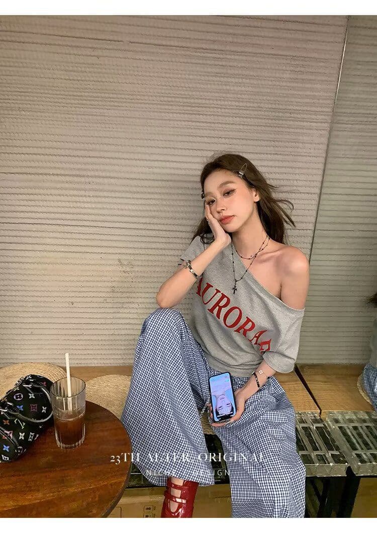 높은 품질 아메리칸 레트로 모통이 칼 A형 넓은 다리 작은 격자 캐주얼 바지 여성 디자인 센스 루즈핏 블루 체크무늬 ins 긴 바지 상세 이미지 19