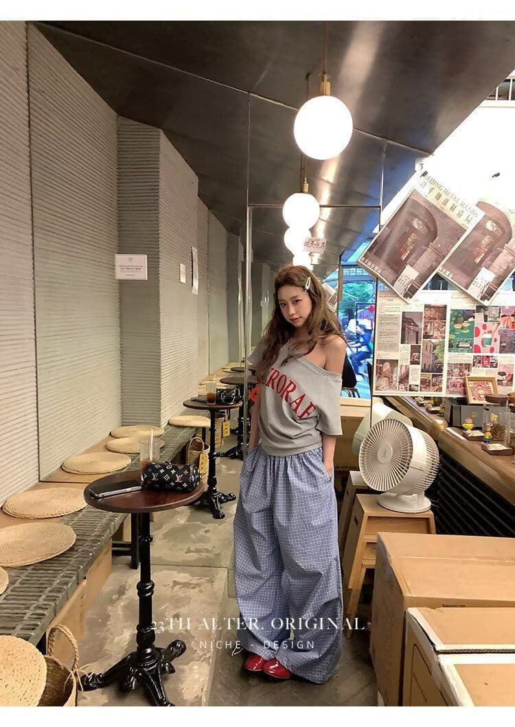 높은 품질 아메리칸 레트로 모통이 칼 A형 넓은 다리 작은 격자 캐주얼 바지 여성 디자인 센스 루즈핏 블루 체크무늬 ins 긴 바지 상세 이미지 20