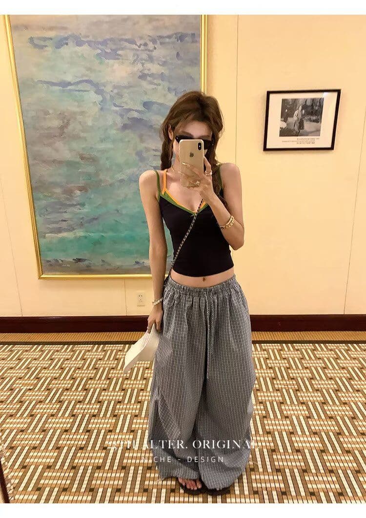 높은 품질 아메리칸 레트로 모통이 칼 A형 넓은 다리 작은 격자 캐주얼 바지 여성 디자인 센스 루즈핏 블루 체크무늬 ins 긴 바지 상세 이미지 22