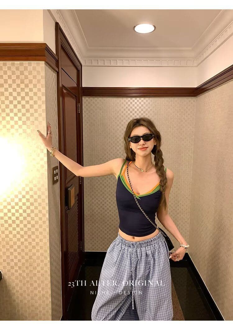 높은 품질 아메리칸 레트로 모통이 칼 A형 넓은 다리 작은 격자 캐주얼 바지 여성 디자인 센스 루즈핏 블루 체크무늬 ins 긴 바지 상세 이미지 23