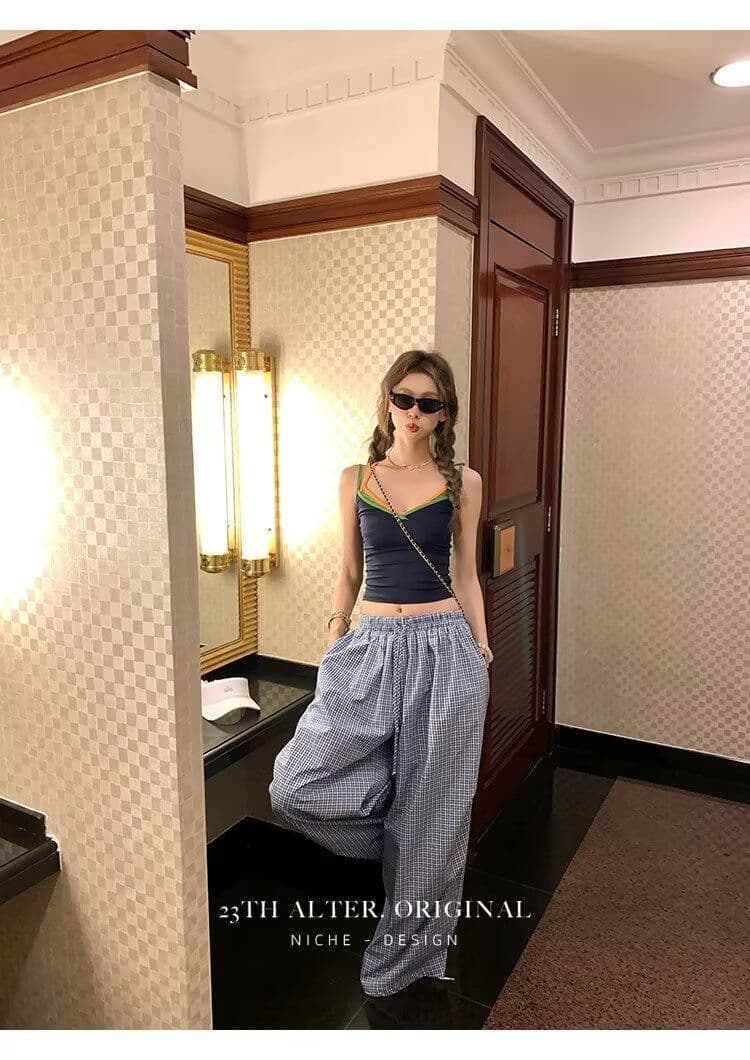높은 품질 아메리칸 레트로 모통이 칼 A형 넓은 다리 작은 격자 캐주얼 바지 여성 디자인 센스 루즈핏 블루 체크무늬 ins 긴 바지 상세 이미지 28