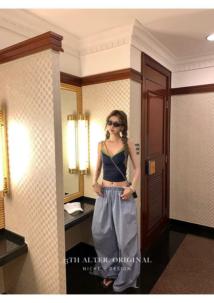 높은 품질 아메리칸 레트로 모통이 칼 A형 넓은 다리 작은 격자 캐주얼 바지 여성 디자인 센스 루즈핏 블루 체크무늬 ins 긴 바지 상세 이미지 29