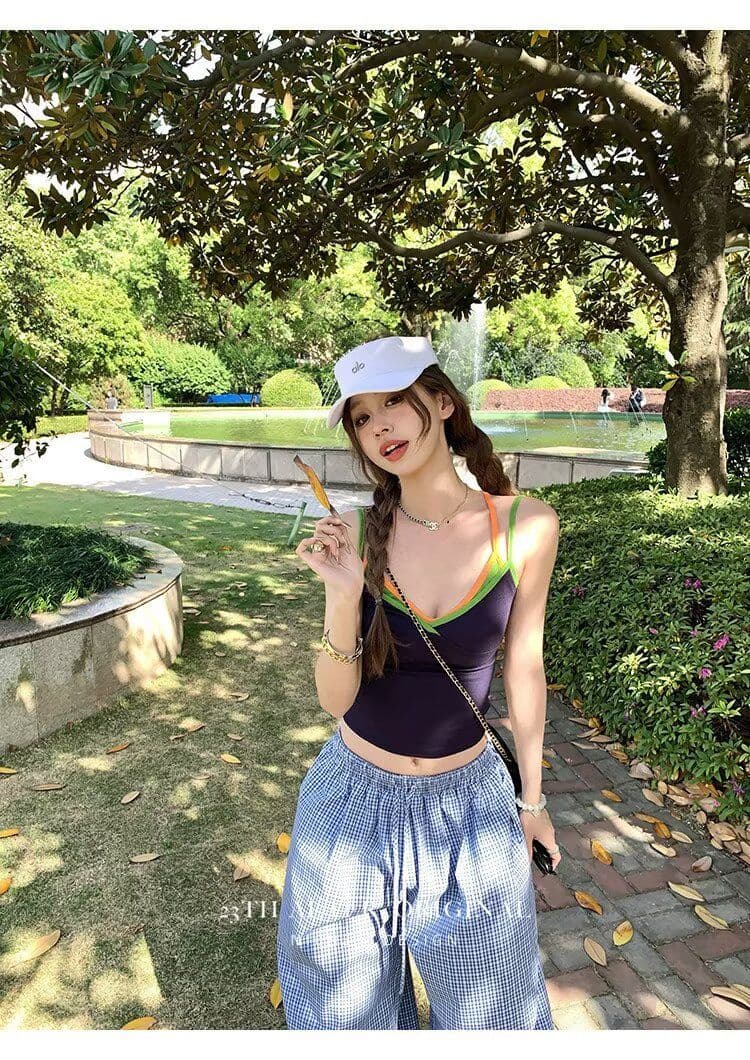 높은 품질 아메리칸 레트로 모통이 칼 A형 넓은 다리 작은 격자 캐주얼 바지 여성 디자인 센스 루즈핏 블루 체크무늬 ins 긴 바지 상세 이미지 30