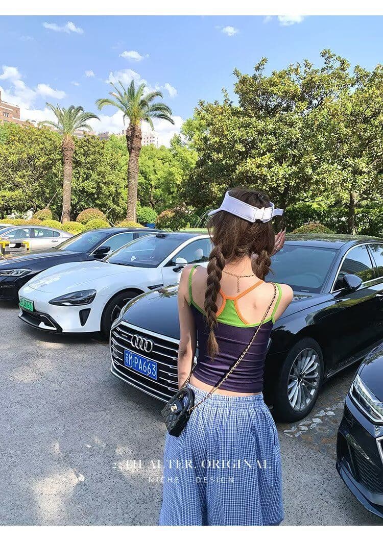 높은 품질 아메리칸 레트로 모통이 칼 A형 넓은 다리 작은 격자 캐주얼 바지 여성 디자인 센스 루즈핏 블루 체크무늬 ins 긴 바지 상세 이미지 31