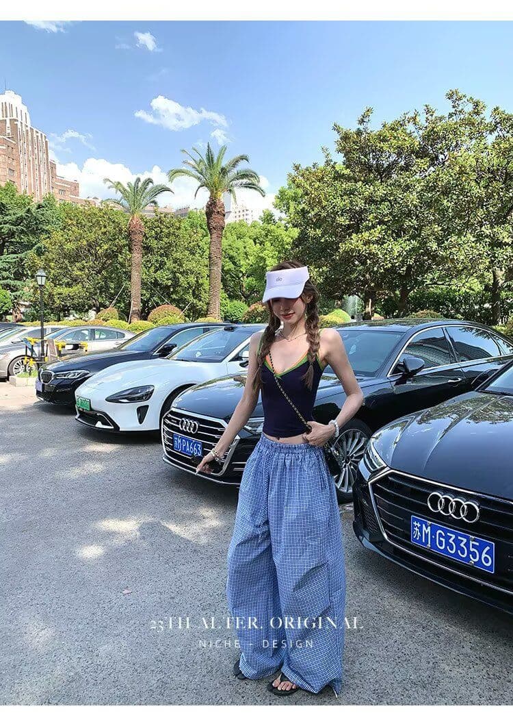 높은 품질 아메리칸 레트로 모통이 칼 A형 넓은 다리 작은 격자 캐주얼 바지 여성 디자인 센스 루즈핏 블루 체크무늬 ins 긴 바지 상세 이미지 32