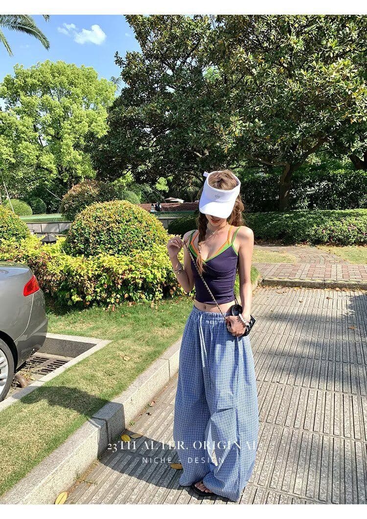 높은 품질 아메리칸 레트로 모통이 칼 A형 넓은 다리 작은 격자 캐주얼 바지 여성 디자인 센스 루즈핏 블루 체크무늬 ins 긴 바지 상세 이미지 33