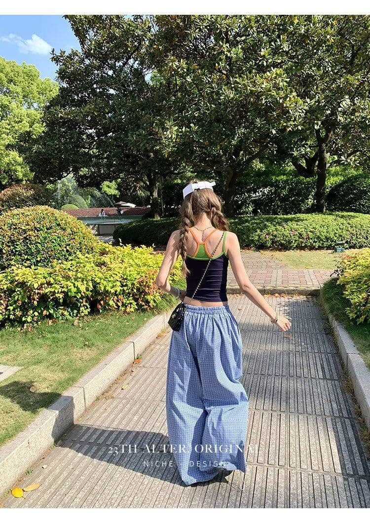 높은 품질 아메리칸 레트로 모통이 칼 A형 넓은 다리 작은 격자 캐주얼 바지 여성 디자인 센스 루즈핏 블루 체크무늬 ins 긴 바지 상세 이미지 34