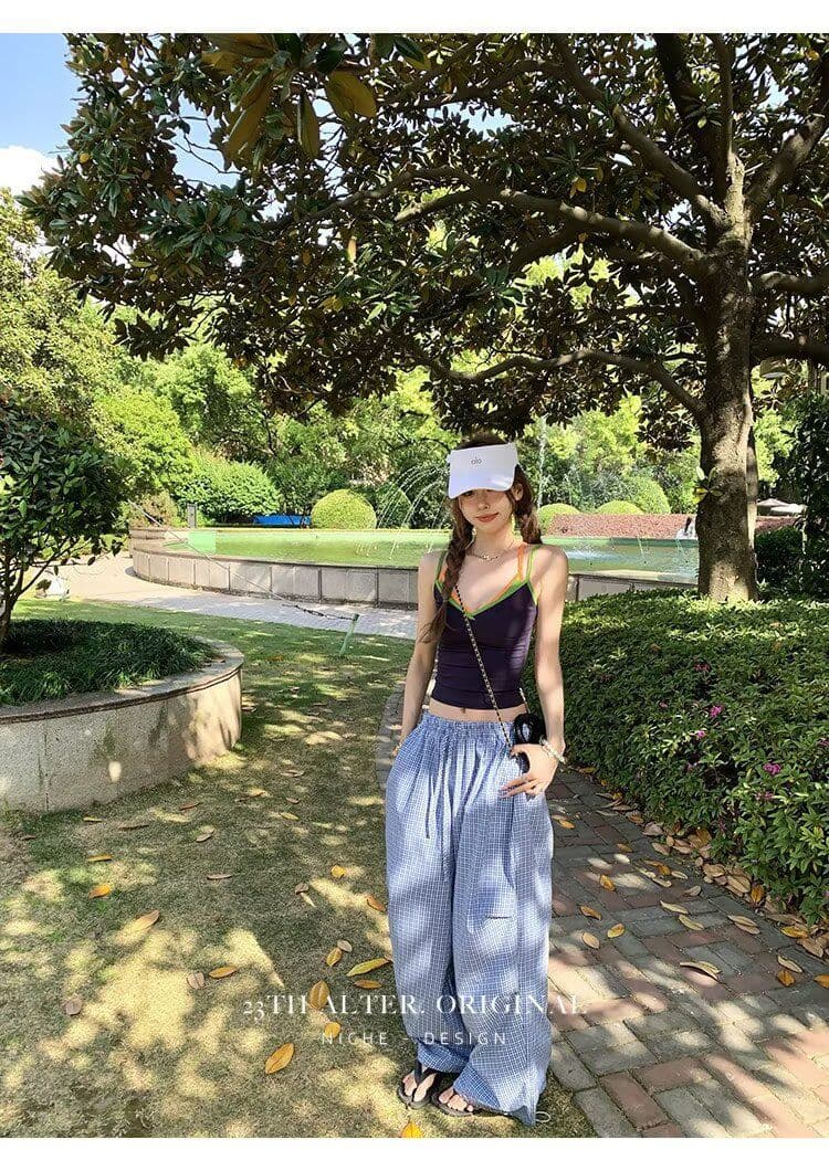 높은 품질 아메리칸 레트로 모통이 칼 A형 넓은 다리 작은 격자 캐주얼 바지 여성 디자인 센스 루즈핏 블루 체크무늬 ins 긴 바지 상세 이미지 35