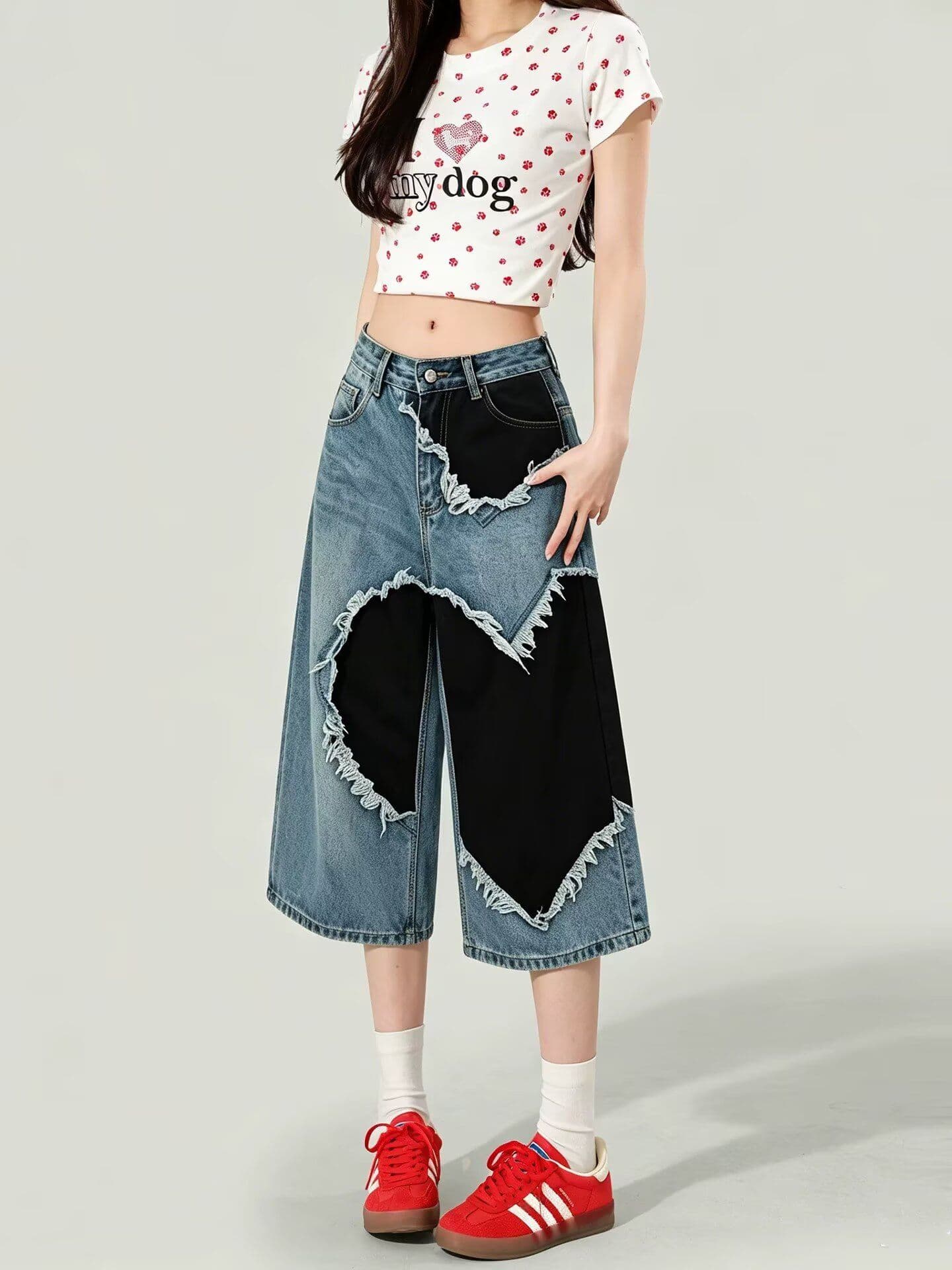 높은 품질 다용도 여름 조수 브랜드 아메리칸 높음 거리 하트 술 패치 데님 반바지 루즈핏 웃음 하 7부 바지 트렌디 상세 이미지 9
