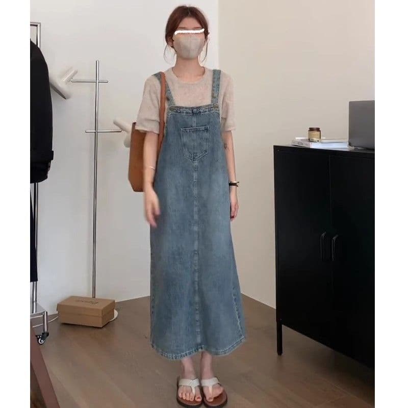 2026 새로운 한국 스타일 다용도 루즈핏 봄 여름 가을 연령 감소 소금 부서 레트로 트임 데님 멜빵 스커트 여자 중간 롱 코트 이미지 3