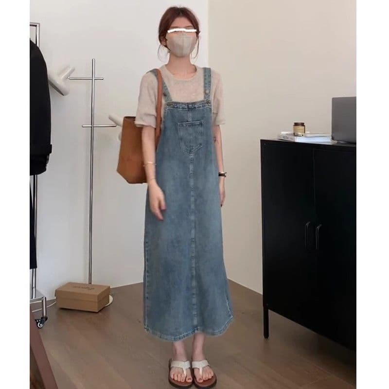 2026 새로운 한국 스타일 다용도 루즈핏 봄 여름 가을 연령 감소 소금 부서 레트로 트임 데님 멜빵 스커트 여자 중간 롱 코트 이미지 5