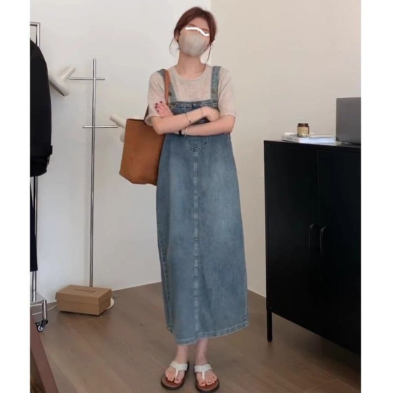 2026 새로운 한국 스타일 다용도 루즈핏 봄 여름 가을 연령 감소 소금 부서 레트로 트임 데님 멜빵 스커트 여자 중간 롱 코트 이미지 4