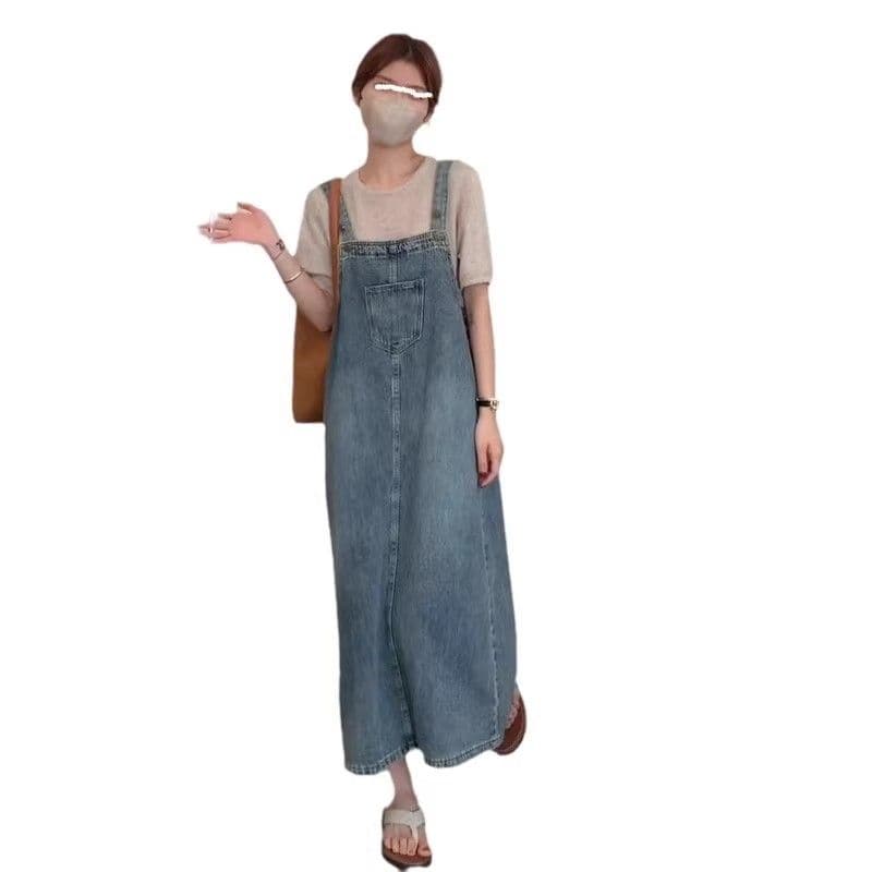 2026 새로운 한국 스타일 다용도 루즈핏 봄 여름 가을 연령 감소 소금 부서 레트로 트임 데님 멜빵 스커트 여자 중간 롱 코트 이미지 6