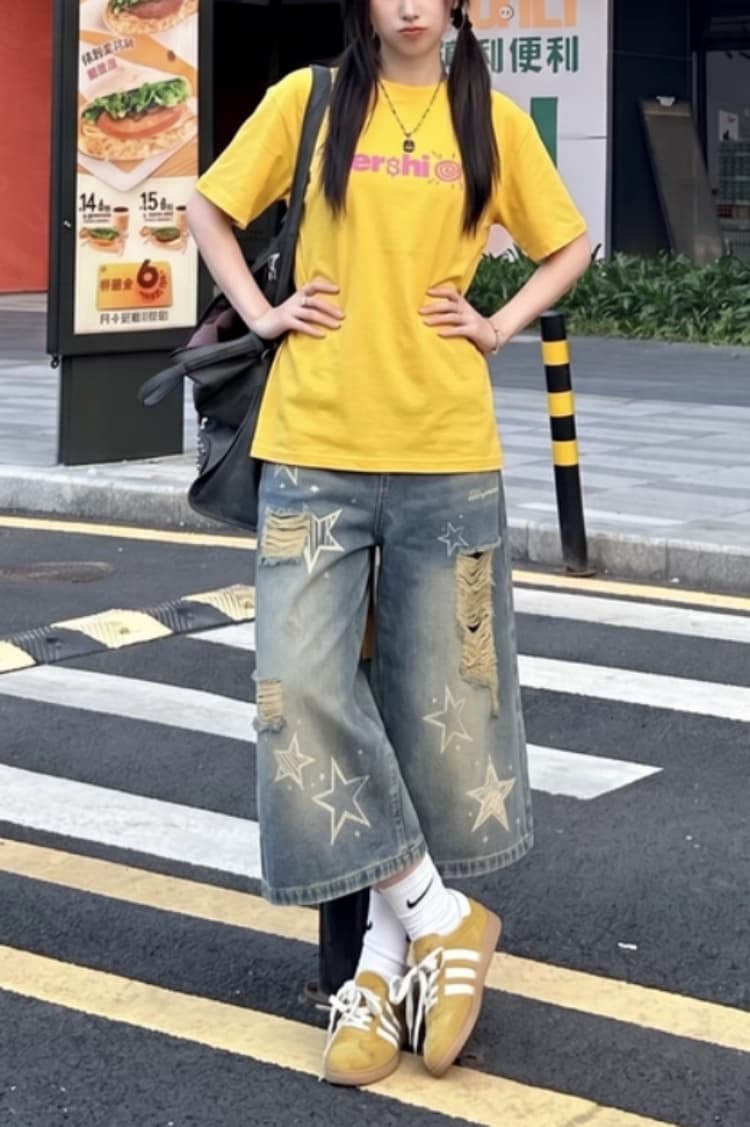 아메리칸 레트로 마 오래된 찢어진 부분 별 프린트 7부 바지 여성 여름 다용도 스트레이트 슬림해 보이는 바지 이미지 3
