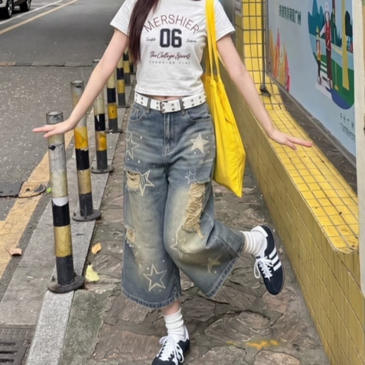 아메리칸 레트로 마 오래된 찢어진 부분 별 프린트 7부 바지 여성 여름 다용도 스트레이트 슬림해 보이는 바지