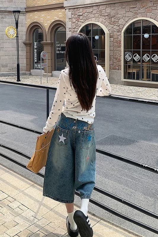 아메리칸 18 세 레트로 별 자수 데님 7부 바지 여름 얇은 스타일 바지 루즈핏 워싱 넓은 다리가 짧다. 바지 이미지 6
