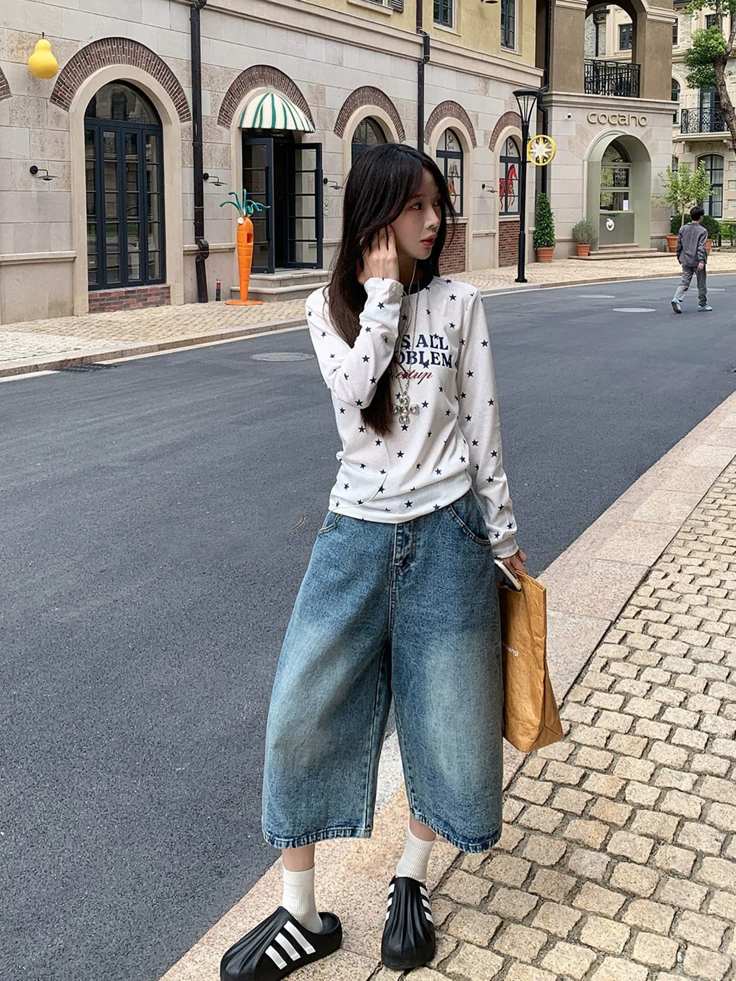 아메리칸 18 세 레트로 별 자수 데님 7부 바지 여름 얇은 스타일 바지 루즈핏 워싱 넓은 다리가 짧다. 바지 상세 이미지 8