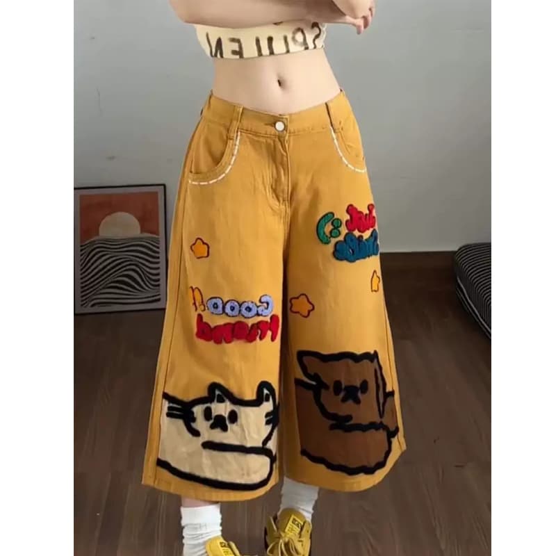 아메리칸 레트로 만화 자수 7부 바지 여성 여름 새로운 재미있는 달콤함 개성 Chic 스트레이트 넓은 다리가 짧다. 바지