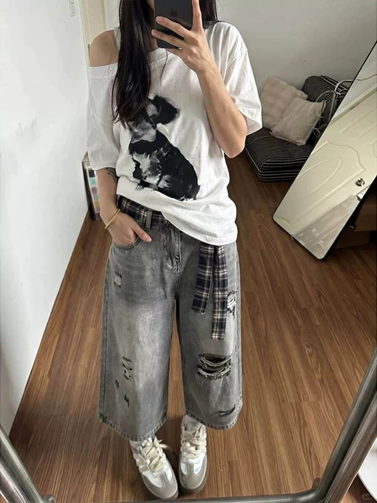 아메리칸 레트로 마 오래된 찢어진 부분 7 점 청바지 2026 여름 새로운 패션 체크무늬 방귀 커튼 스트레이트 와이드 레그 팬츠 이미지 4