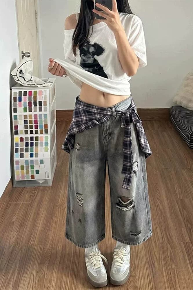 아메리칸 레트로 마 오래된 찢어진 부분 7 점 청바지 2026 여름 새로운 패션 체크무늬 방귀 커튼 스트레이트 와이드 레그 팬츠 이미지 6
