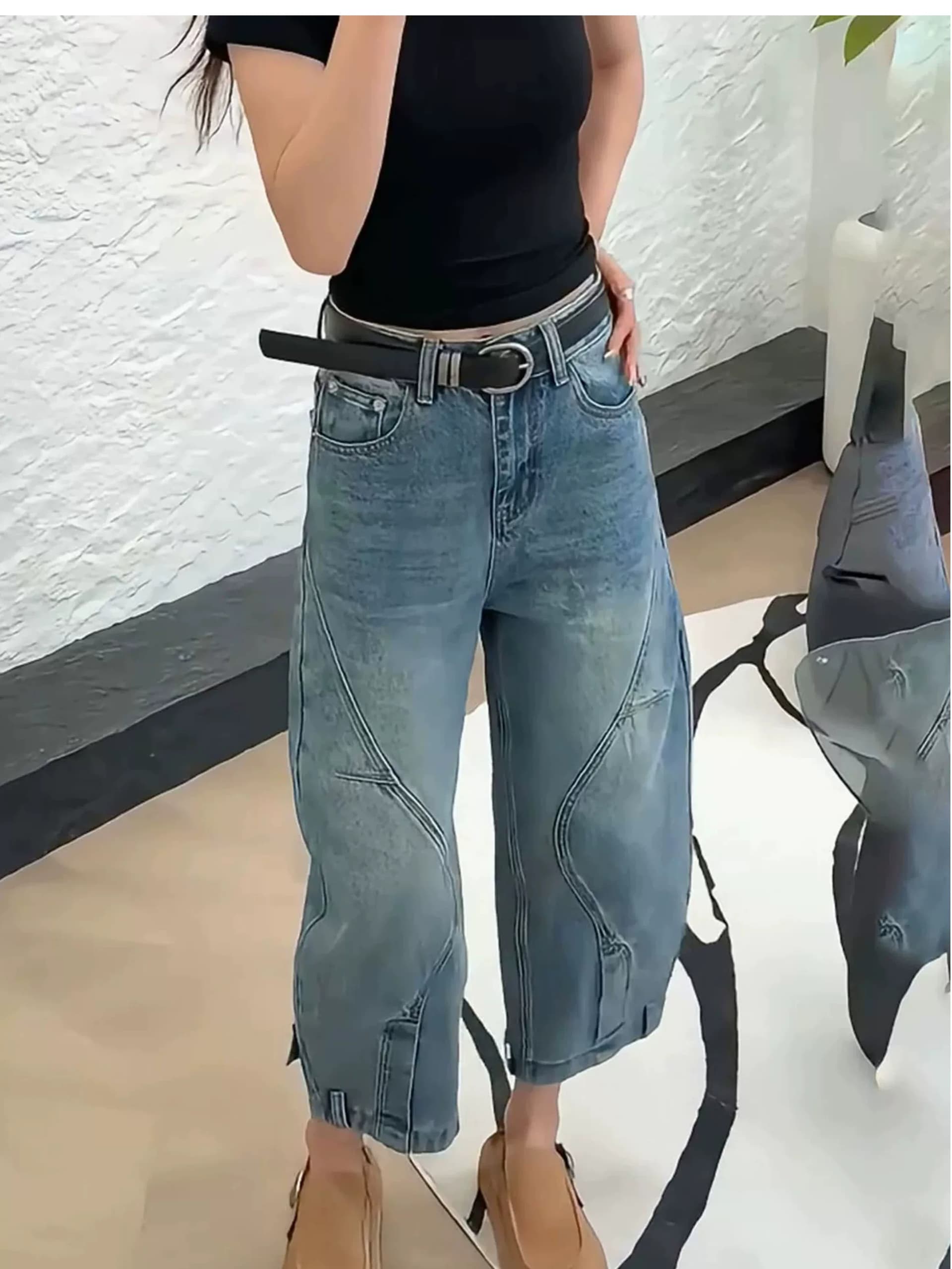 배 모양 몸 빅 사이즈 모통이 칼 데님 바나나 바지 여성 가을 겨울철 새로운 레트로 다리 두꺼운 넓적 다리 와이드 슬림해 보이는 하렘 바지 이미지 3