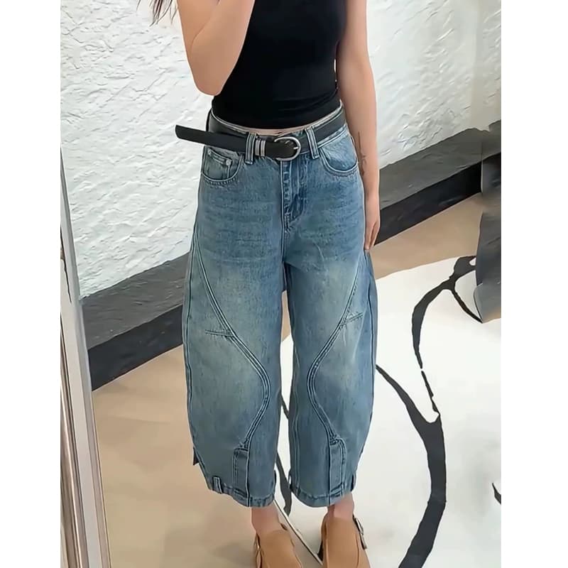 배 모양 몸 빅 사이즈 모통이 칼 데님 바나나 바지 여성 가을 겨울철 새로운 레트로 다리 두꺼운 넓적 다리 와이드 슬림해 보이는 하렘 바지 이미지 5