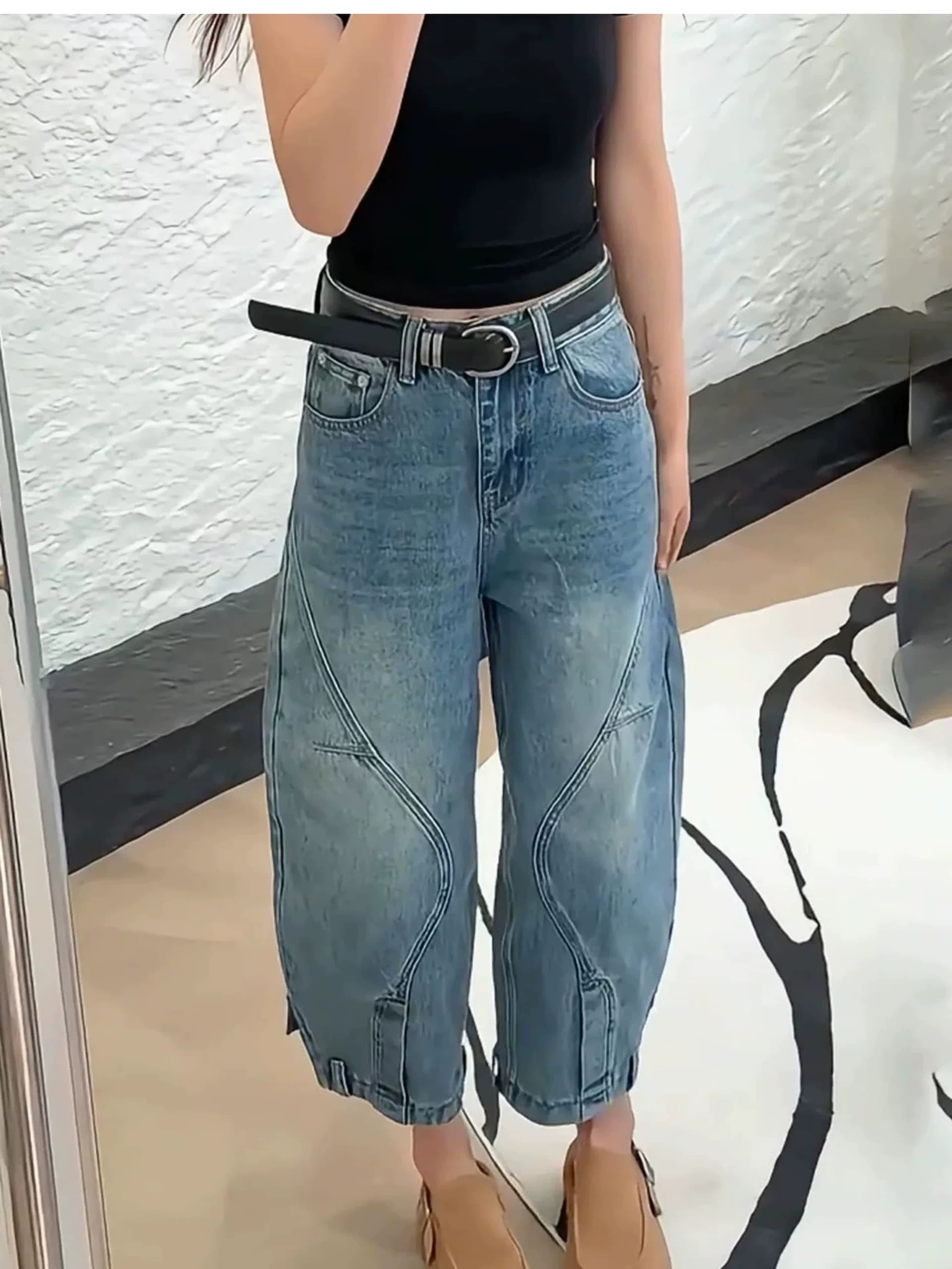배 모양 몸 빅 사이즈 모통이 칼 데님 바나나 바지 여성 가을 겨울철 새로운 레트로 다리 두꺼운 넓적 다리 와이드 슬림해 보이는 하렘 바지 상세 이미지 6